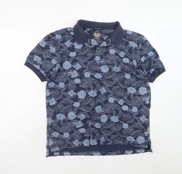 Flying Machine Men's Blue Floral Cotton Polo Shirt Size L