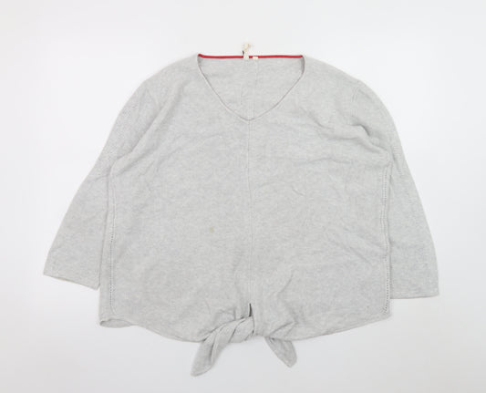 White Stuff Women’s Grey Cotton V-Neck Tie Hem Jumper Size 14