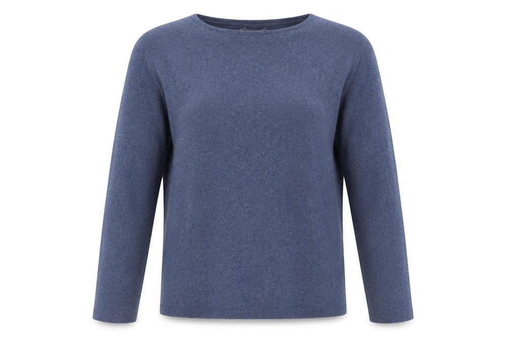 Front view of WALL Women's Blue Wool Boat Neck jumper, size S