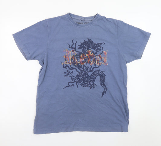Bullit Womens Blue Rebel Dragon Rhinestone T-Shirt Medium