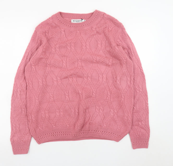 Beaumonde Women Pink Cable-Knit Crew Neck Jumper Size 14
