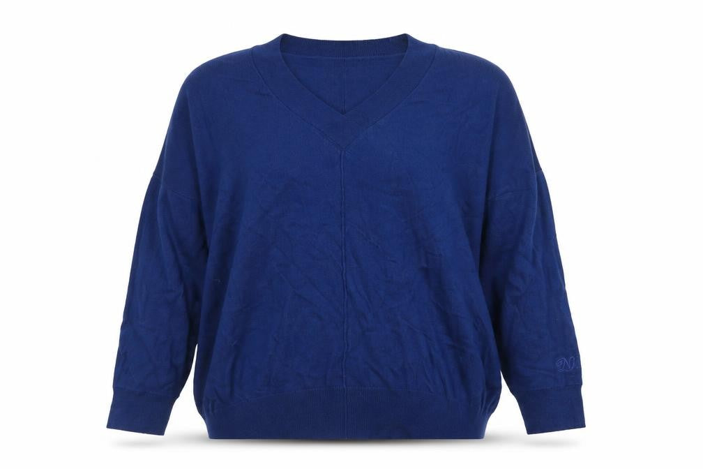 Front view of Next Women’s Blue V-Neck Relaxed jumper, size L