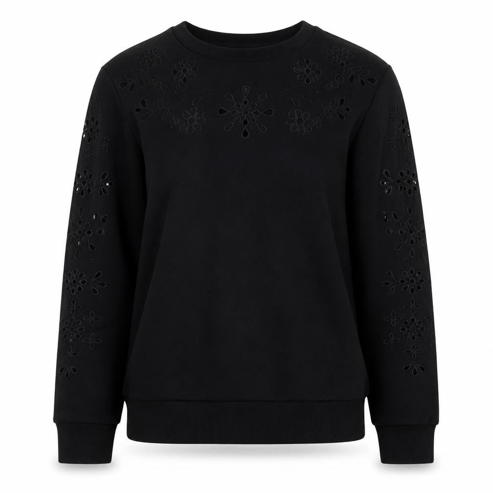 Front view of Warehouse women’s black small floral cutout pullover sweatshirt