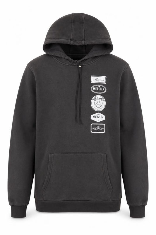 Front view of Mercier Men's Black Pullover Hoodie S Graphic Logo Streetwear