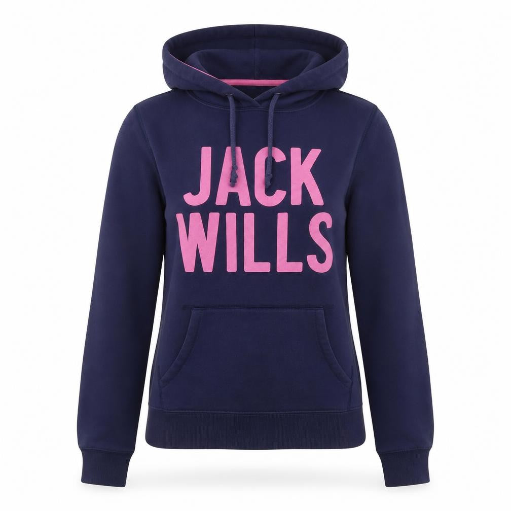 Front view of Jack Wills women’s navy blue pullover hoodie, size UK 8