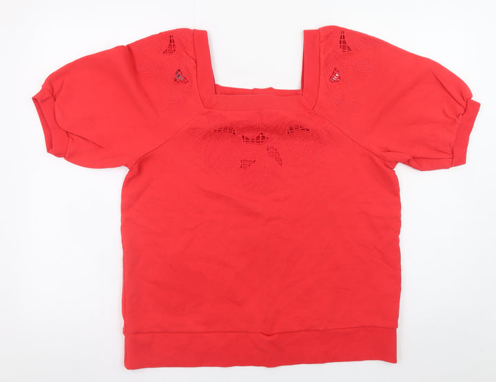 Next Women Red Short Sleeve Pullover Sweatshirt UK 16 Cotton Embroidered