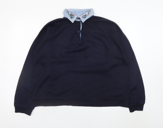 Amundsen Women's Blue Embroidered Collar Henley Knit Jumper L