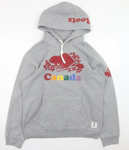 Roots Men's Grey Pullover Hoodie M Logo Canada Patriotic Fleece