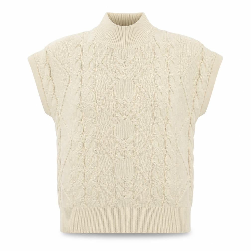 Front view of Next Women Beige Cable-Knit Mock Neck Sleeveless Jumper, size M