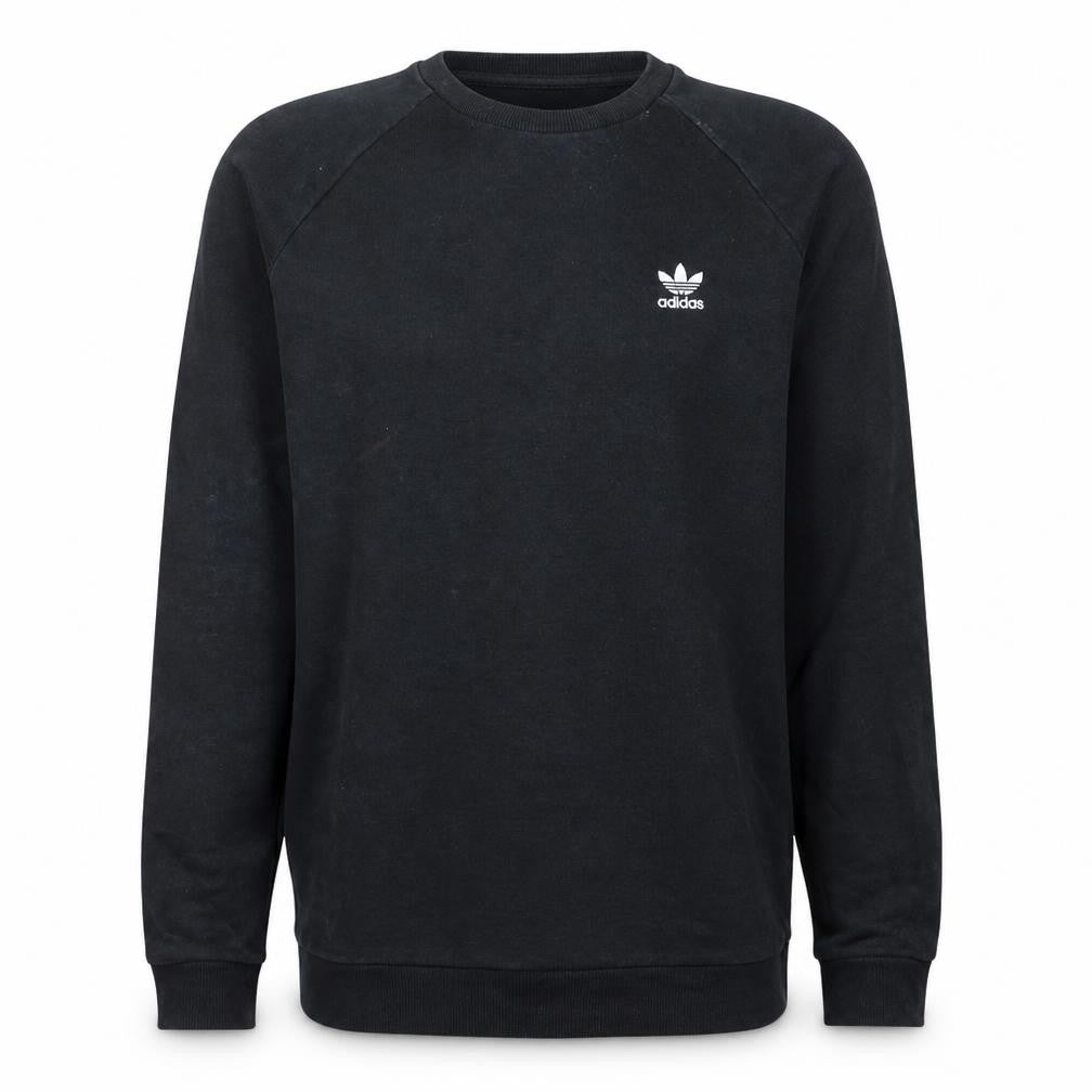 Front view of Adidas men’s black crew neck pullover sweatshirt, size M