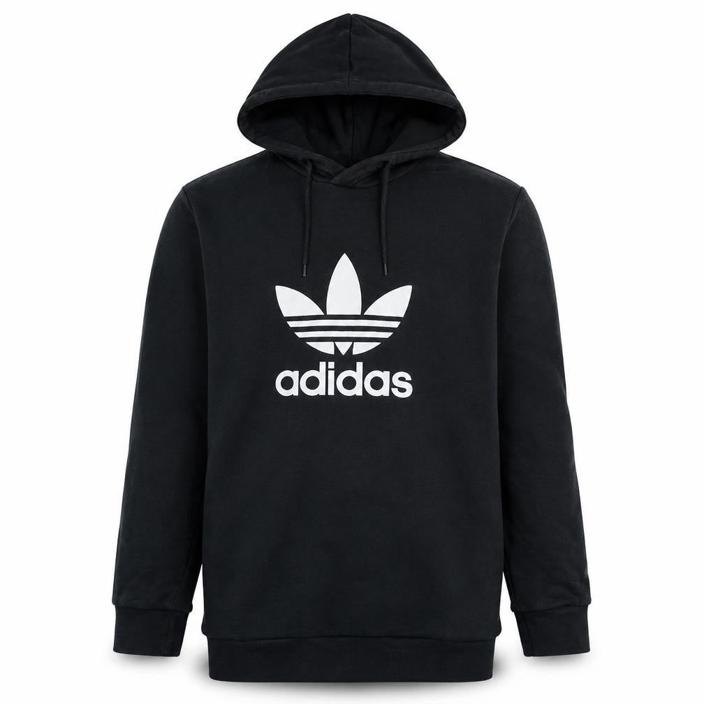 Adidas Boys Black Hoodie L Pullover Graphic Print Trefoil Logo Sweatshirt