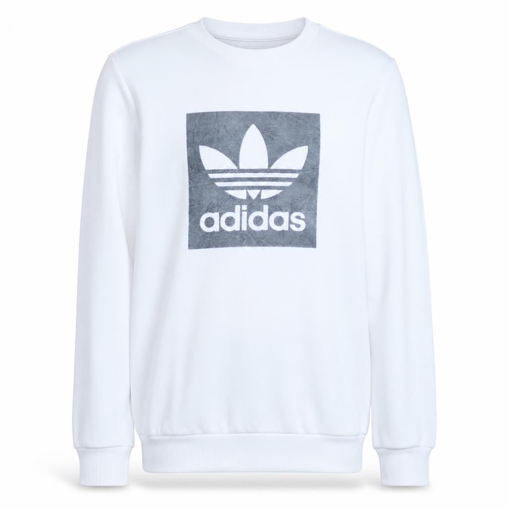 Front view of Adidas boys’ white crew neck pullover sweatshirt 13-14 years logo fleece