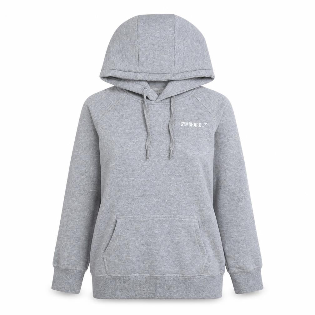 Front view of Gymshark women’s grey pullover hoodie xs hooded sweatshirt