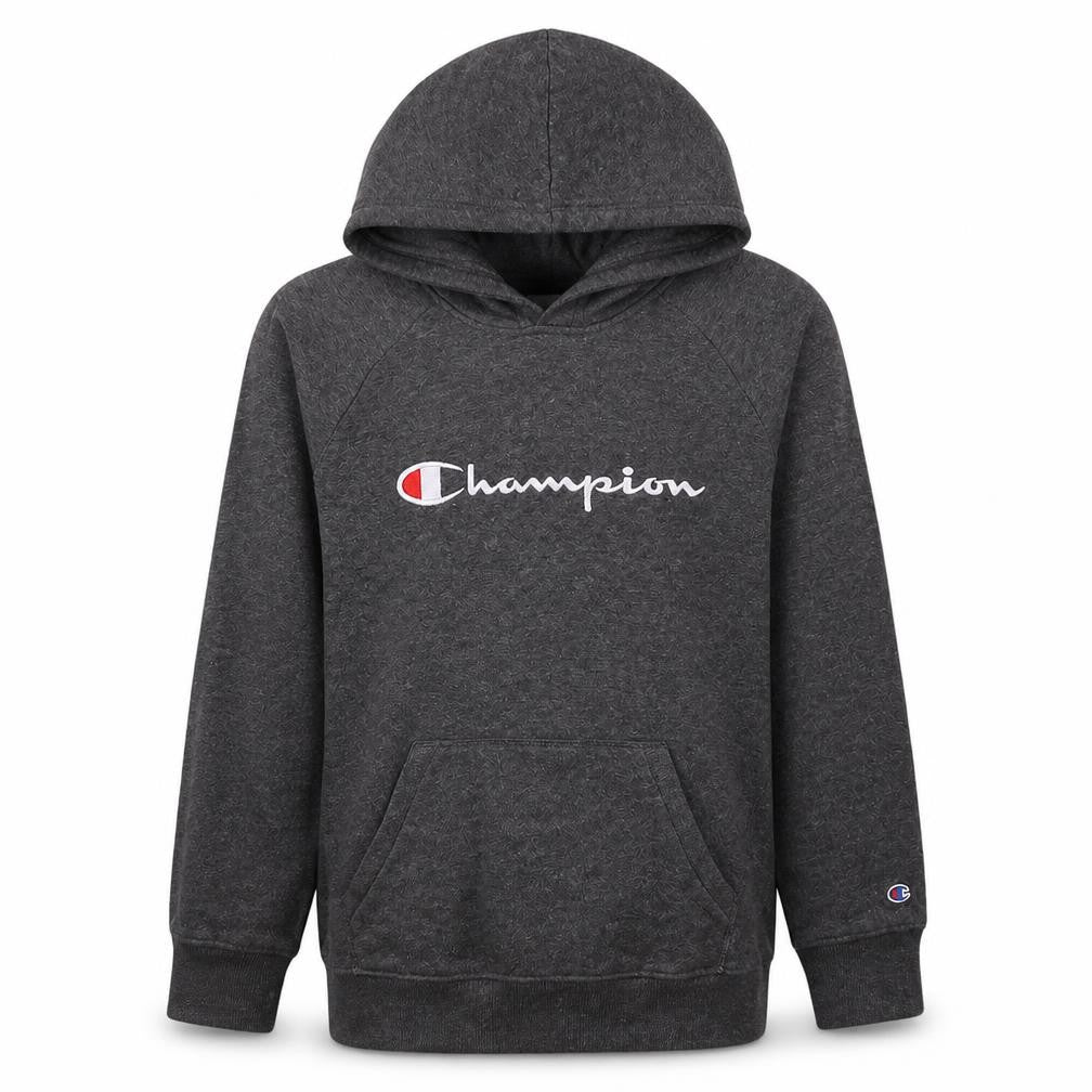 Front view of Champion boys’ grey xl pullover hoodie fleece sweatshirt with logo
