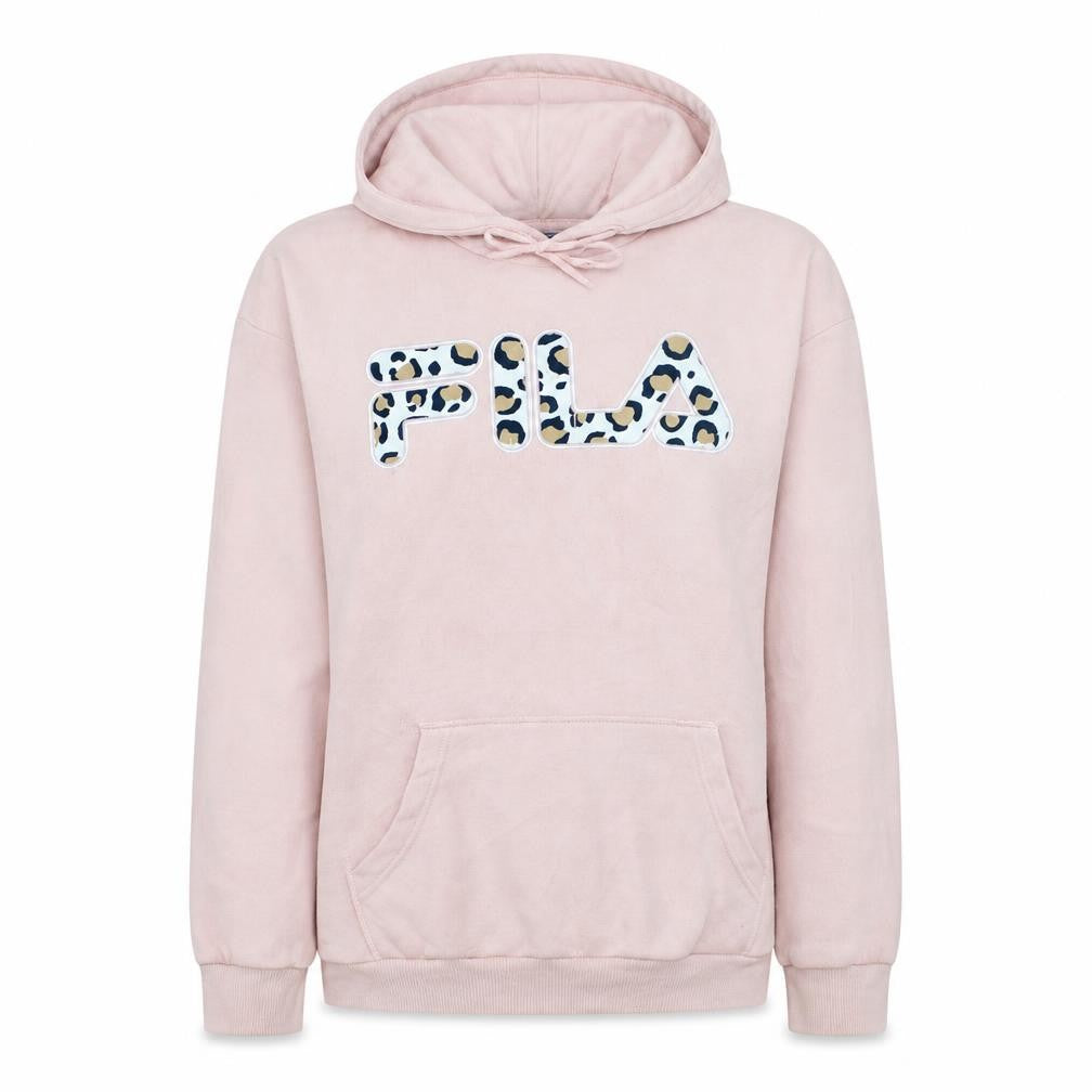 Front view of Fila women’s pink leopard logo pullover hoodie medium