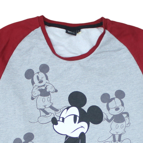 Disney Women Grey Red Long Sleeve Mickey Mouse Pullover Sweatshirt Size L