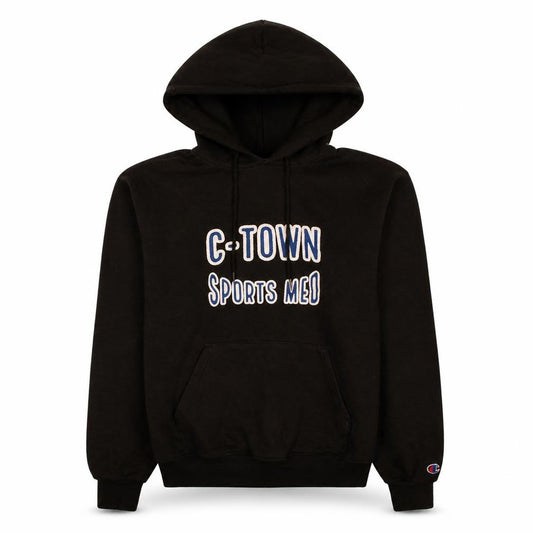 Front view of Champion Men's Black Pullover Hoodie S Sports Logo Fleece