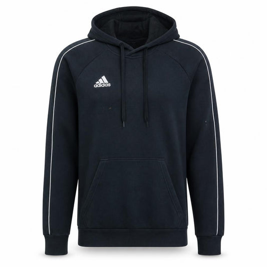 Front view of Adidas men’s black pullover hoodie, size S, sports fleece sweatshirt