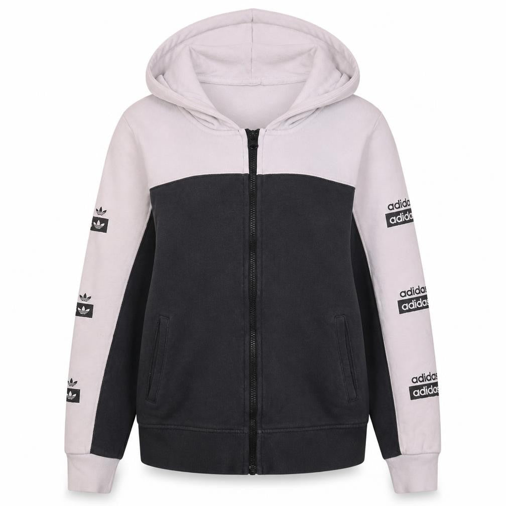 Front view of Adidas women’s grey & white full zip hoodie, size UK 10, uk