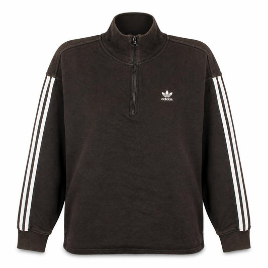 Front view of Adidas women’s black 1/2 zip sweatshirt, size UK 12, logo detail