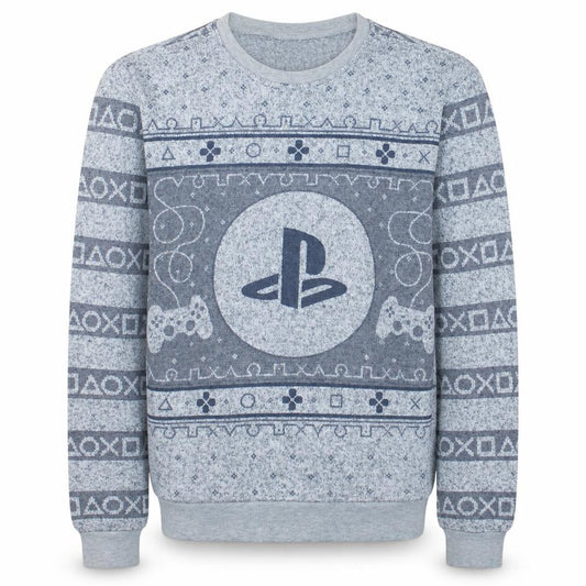 Front view of PlayStation men’s grey logo crew neck sweatshirt, size S