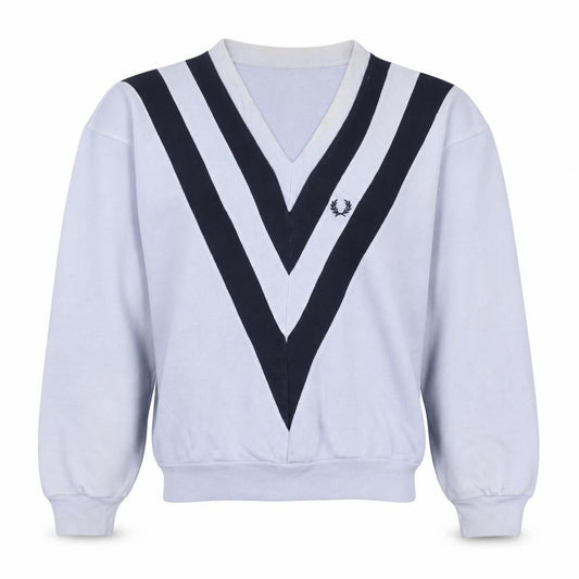 Front view of Fred Perry Men's White V-Neck Retro Sweatshirt Small