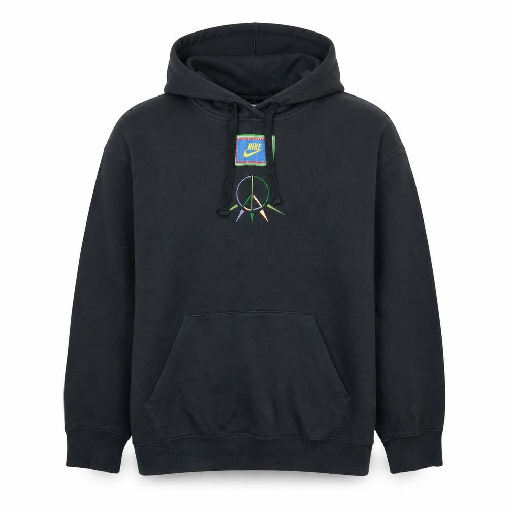 Front view of Nike Men's Black Pullover Hoodie S Embroidered Peace Graphic Fleece
