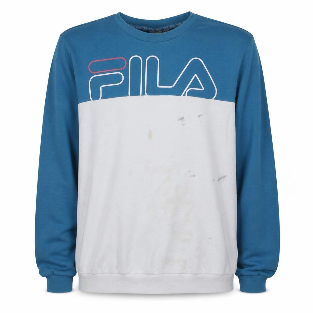 Front view of Fila Men Blue White Logo Pullover Sweatshirt XL Regular Fit