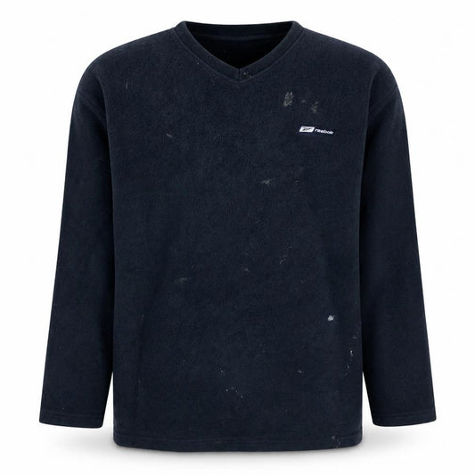 Front view of Reebok men’s blue fleece v-neck pullover sweatshirt, size L