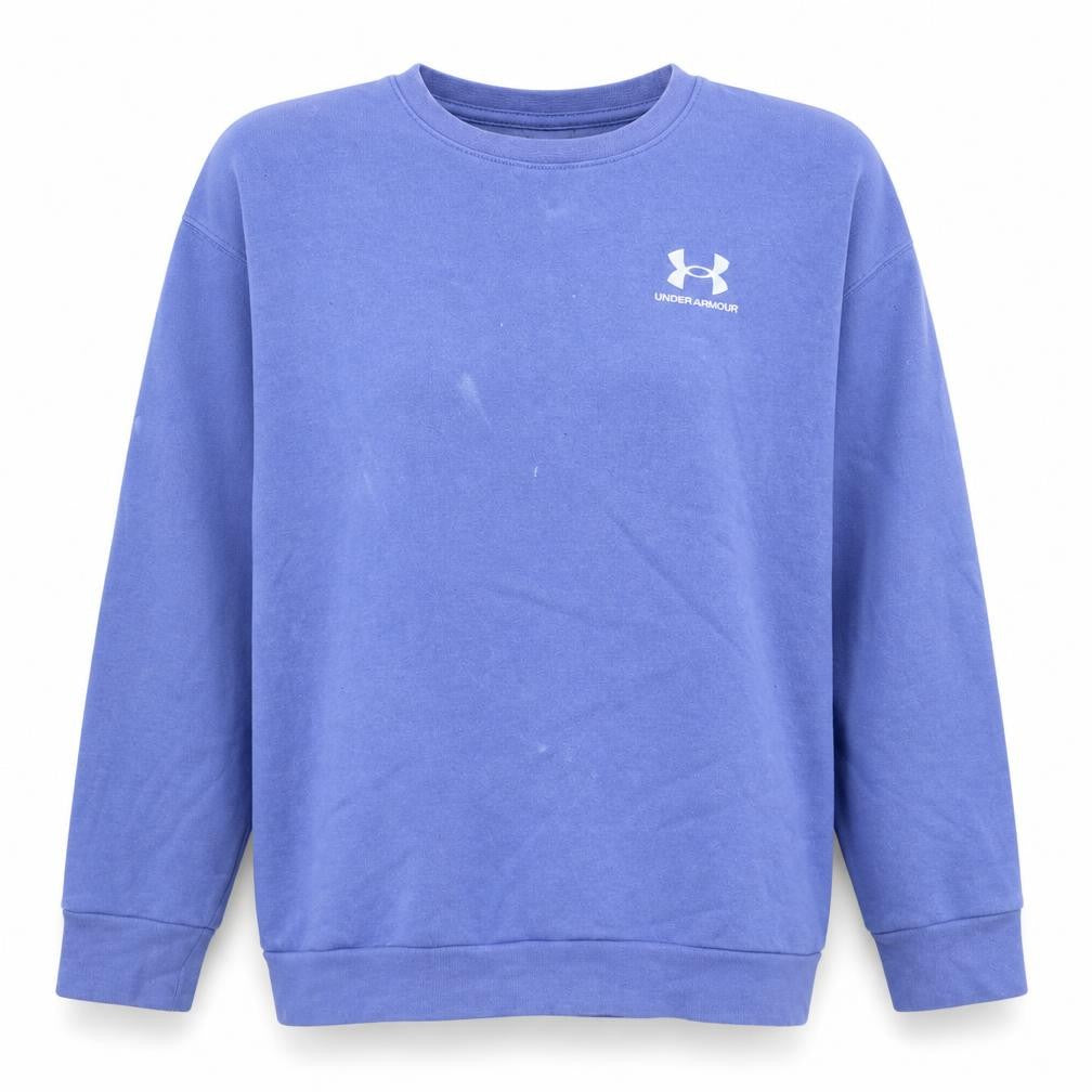 Front view of Under Armour women’s blue medium pullover sweatshirt with logo