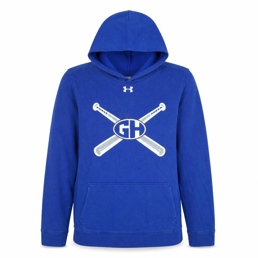 Front view of Under Armour boys’ blue yxl pullover hoodie with logo print