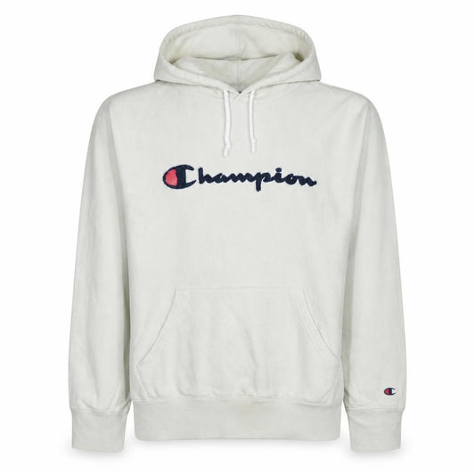 Front view of Champion Men’s Beige XL Pullover Hoodie Embroidered Logo Fleece