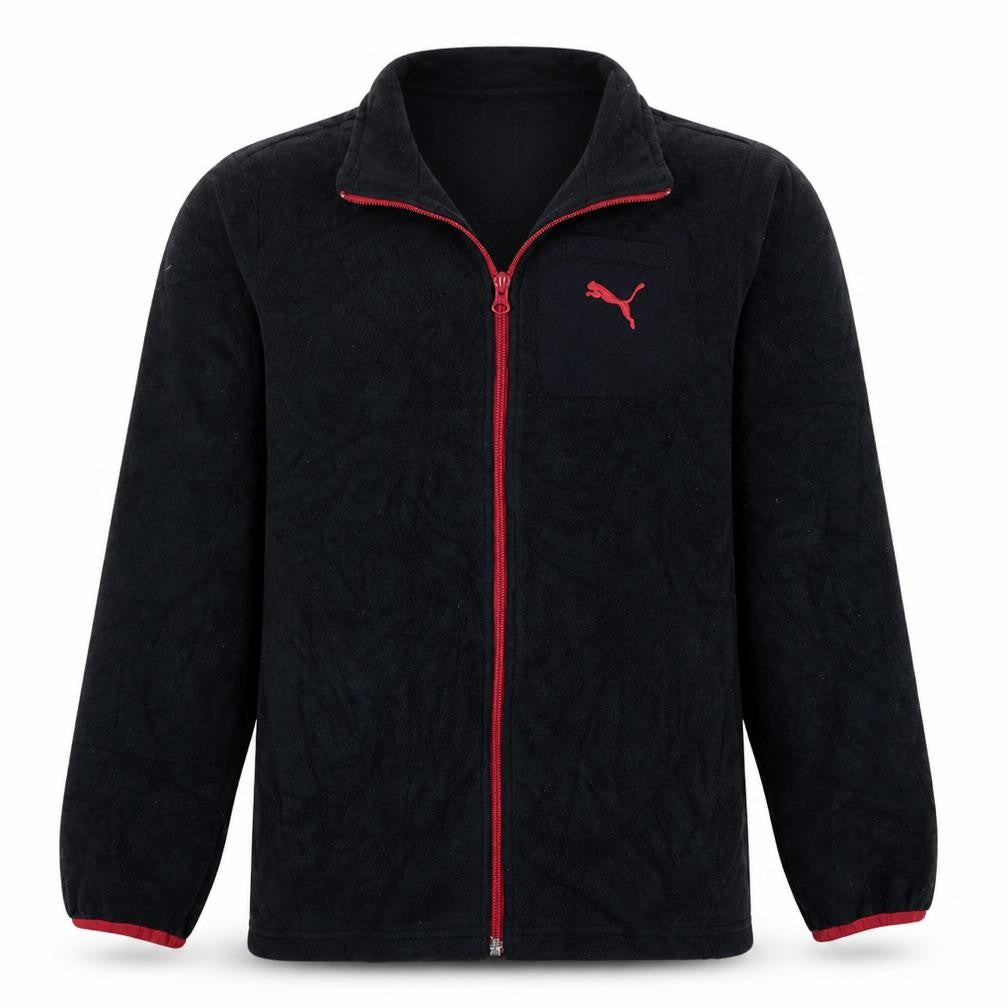 Front view of Puma boys’ black red fleece full zip track jacket, size 12, years