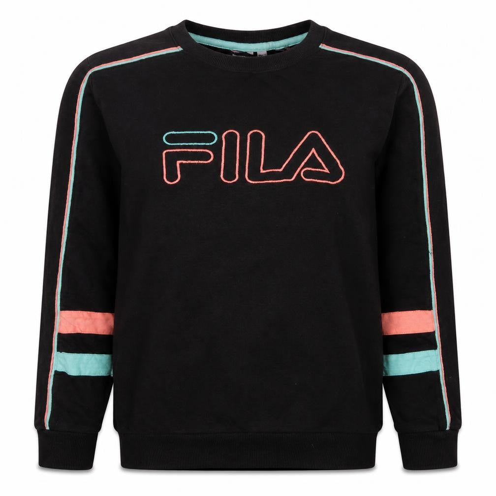 Front view of Fila women’s black xxs crew neck pullover sweatshirt with logo detail