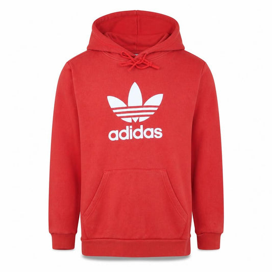 Front view of Adidas men’s red pullover hoodie, size S, logo fleece sweatshirt