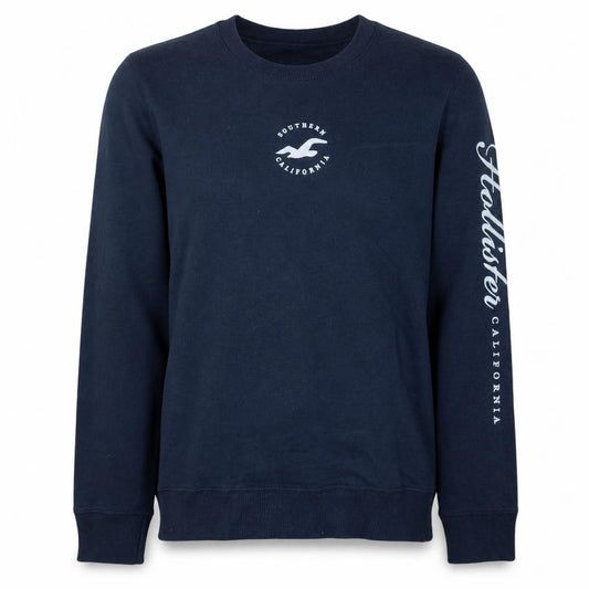 Front view of Hollister Men's Blue Crew Neck Pullover Sweatshirt, size M