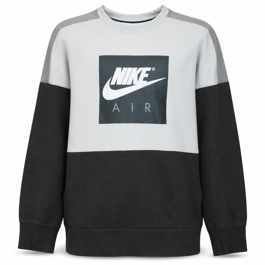 Front view of Nike men’s grey logo crew neck sweatshirt, size M, regular fit
