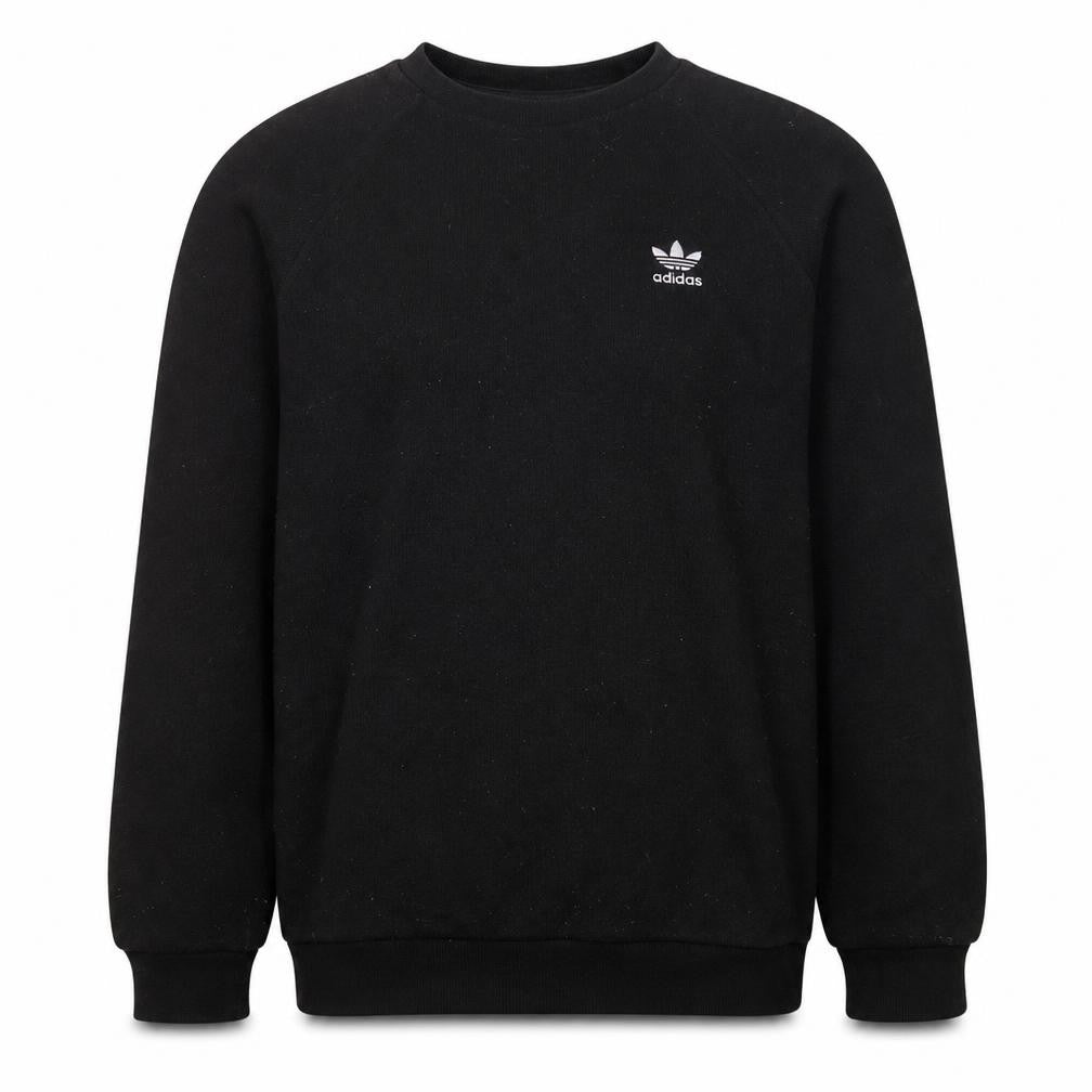 Front view of Adidas men’s black trefoil logo crew neck sweatshirt m