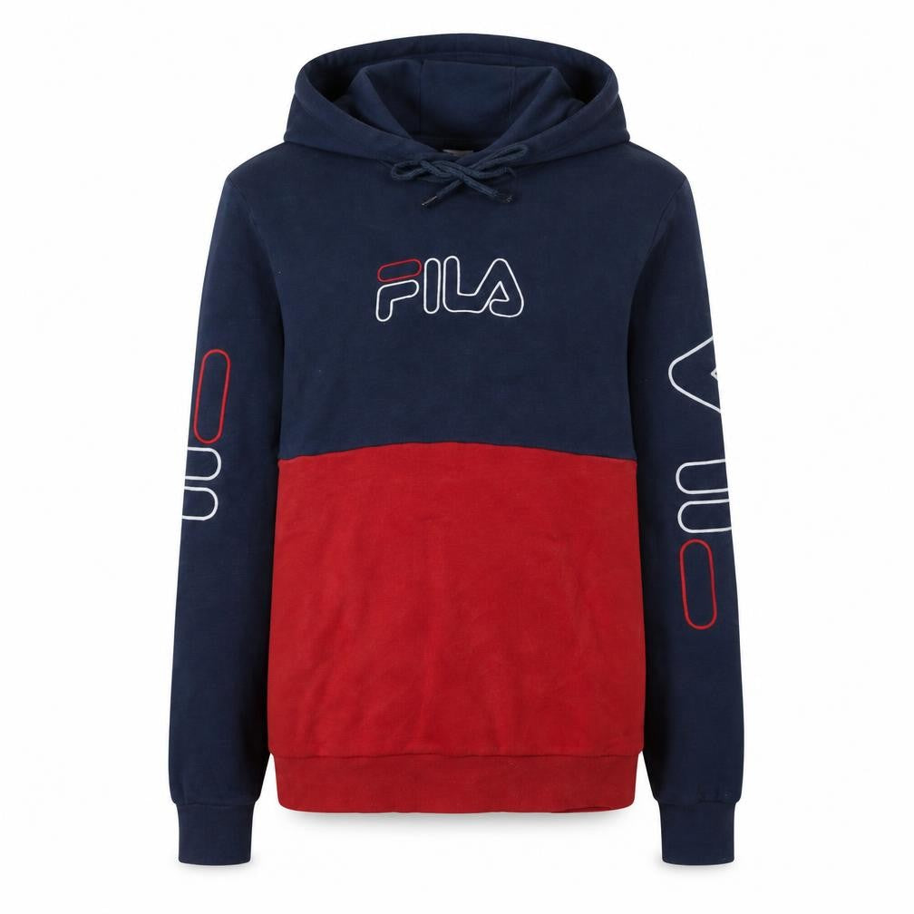 Front view of Fila women’s navy red pullover hoodie small hooded logo casual