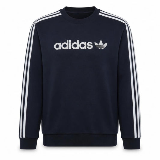 Front view of Adidas men’s blue crew neck logo pullover sweatshirt m