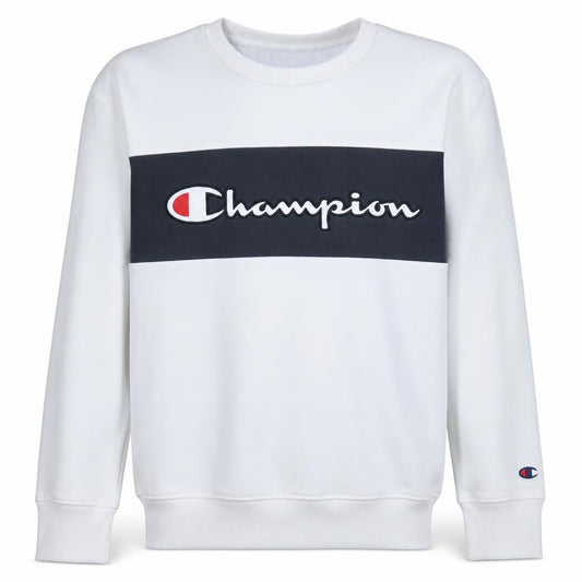 Front view of Champion men’s white medium pullover sweatshirt with logo embroidery