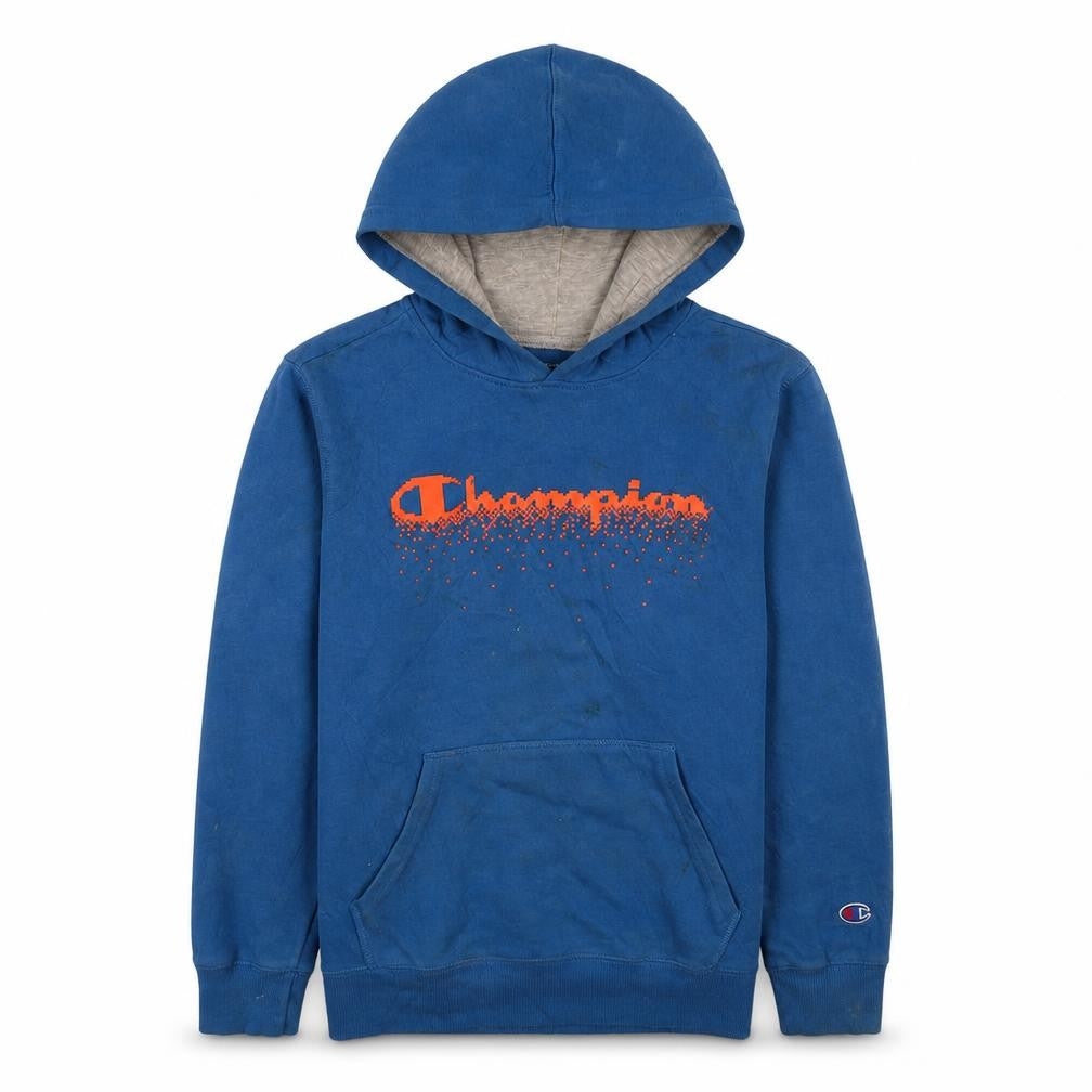 Front view of Champion boys’ blue l pullover hoodie with graphic logo print