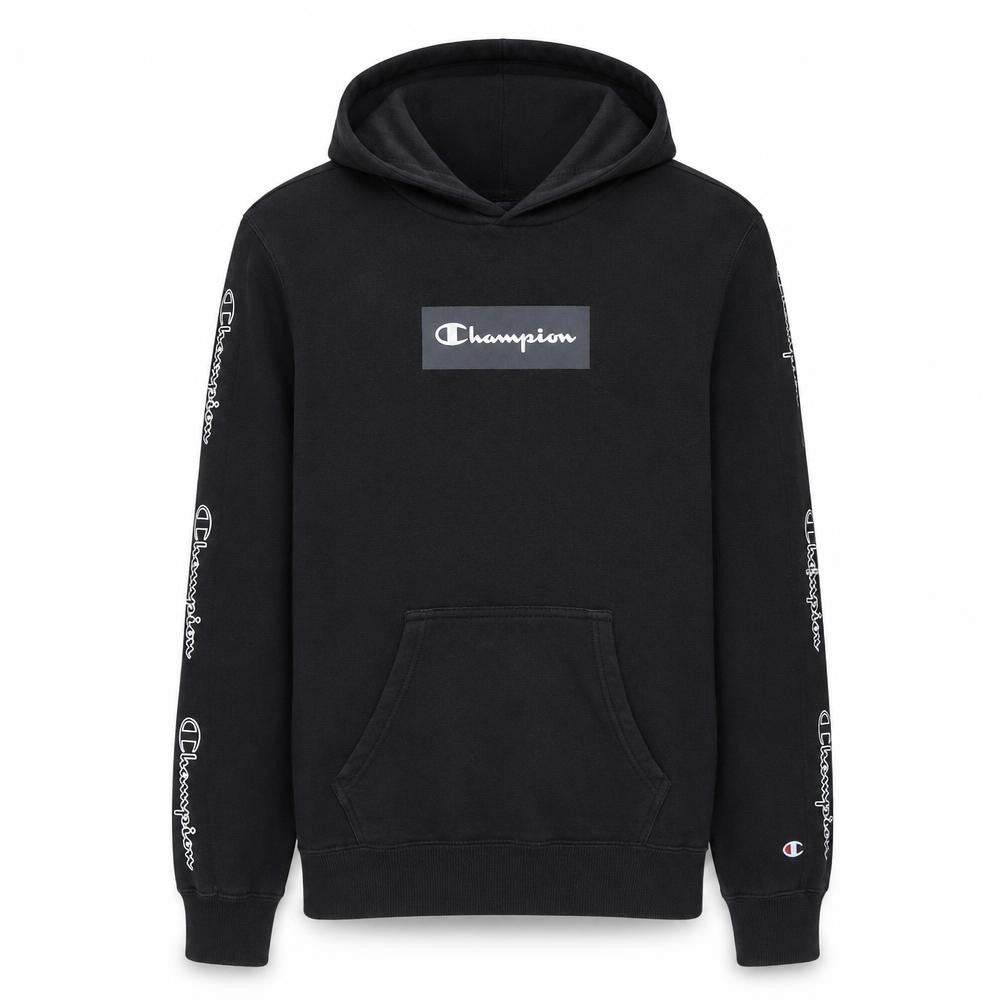 Front view of Champion Men's Black XS Pullover Hoodie with Logo Design