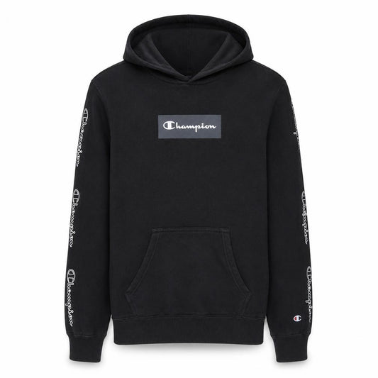 Front view of Champion Men's Black XS Pullover Hoodie with Logo Design