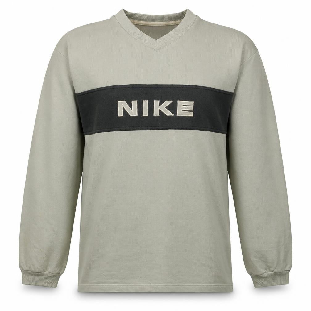 Front view of Nike men’s beige embroidered logo v-neck pullover sweatshirt l