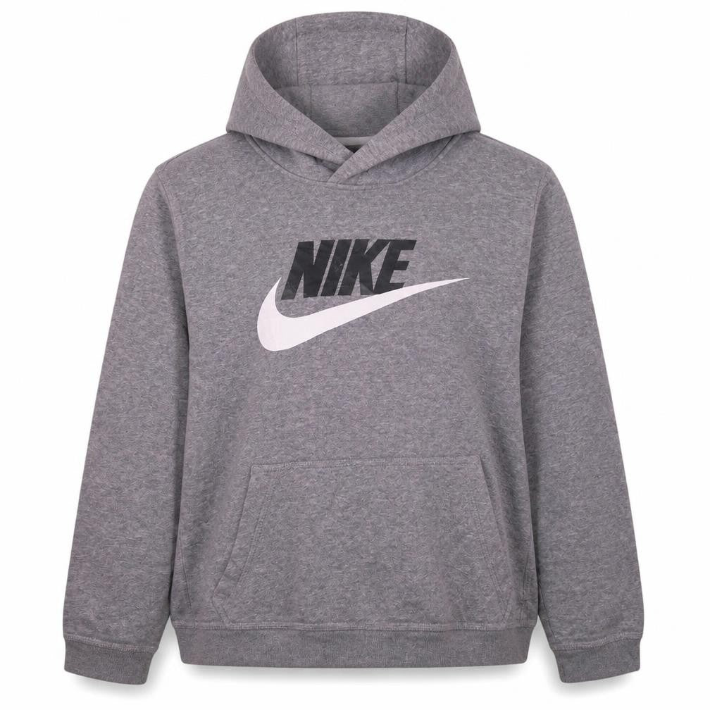 Front view of Nike boys’ grey xl pullover fleece hoodie with logo print