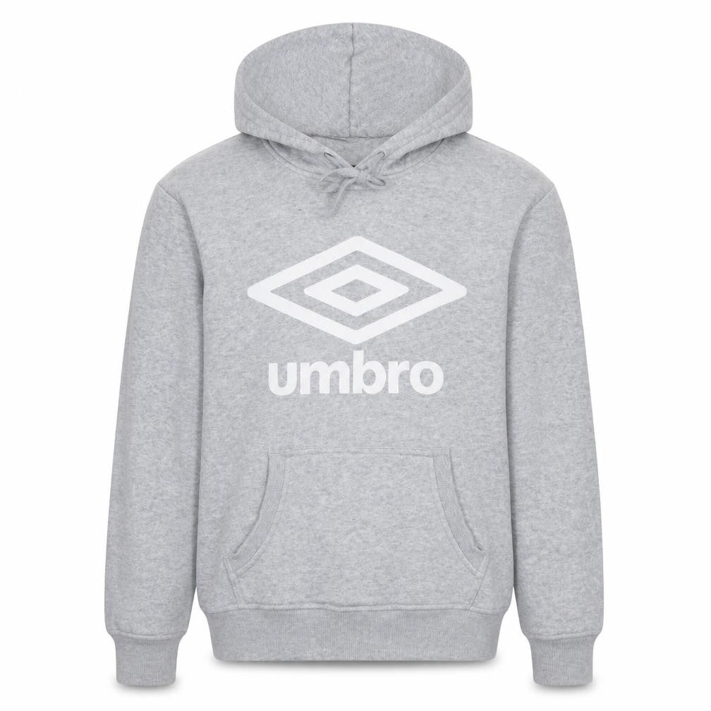 Front view of Umbro Men Grey Pullover Hoodie S Fleece Logo Sportswear