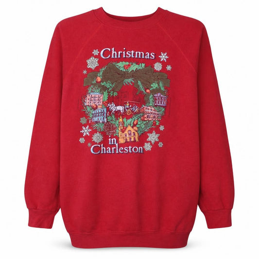 Front view of Hanes Men’s Red Christmas in Charleston Embroidered Vintage XL Sweatshirt