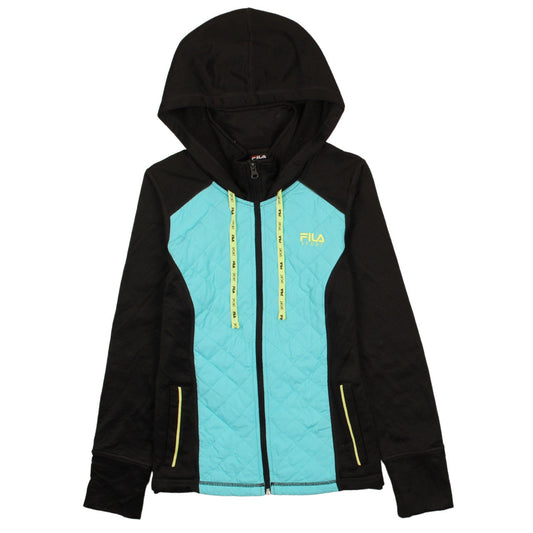 Fila Sport Womens Black Blue Hooded Full Zip Quilted Jacket Size S