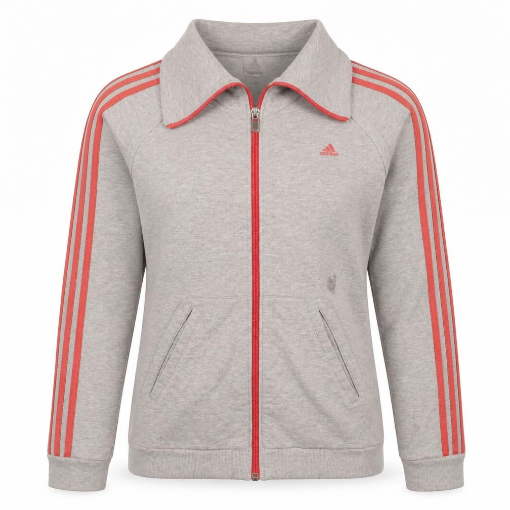 Front view of Adidas women’s grey full zip sweatshirt jacket l 16 red stripes